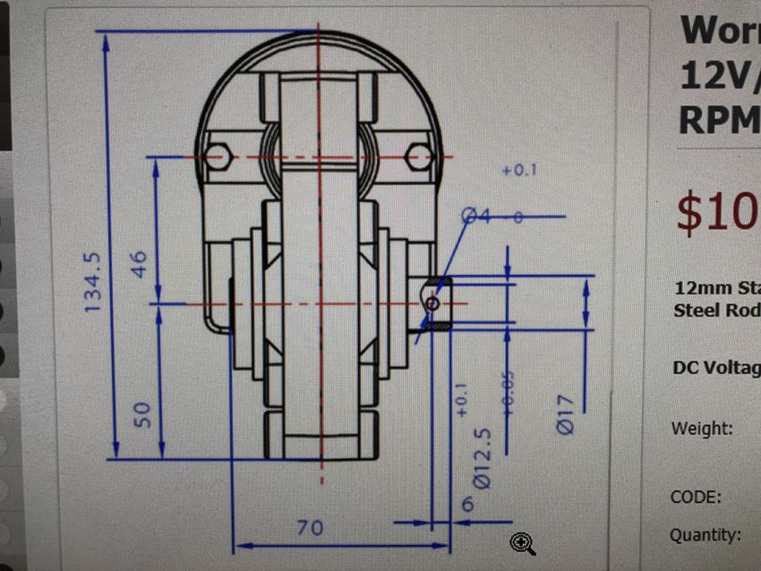 Dimensioned drawing of the worm gearmotor