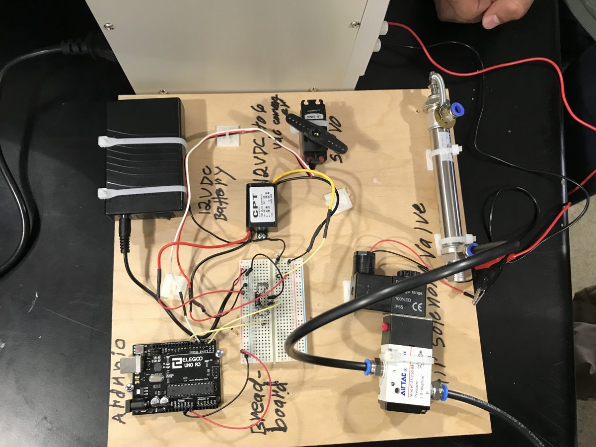 Labeled control board: Arduino, battery, converter, servo, solenoid valve, cylinder