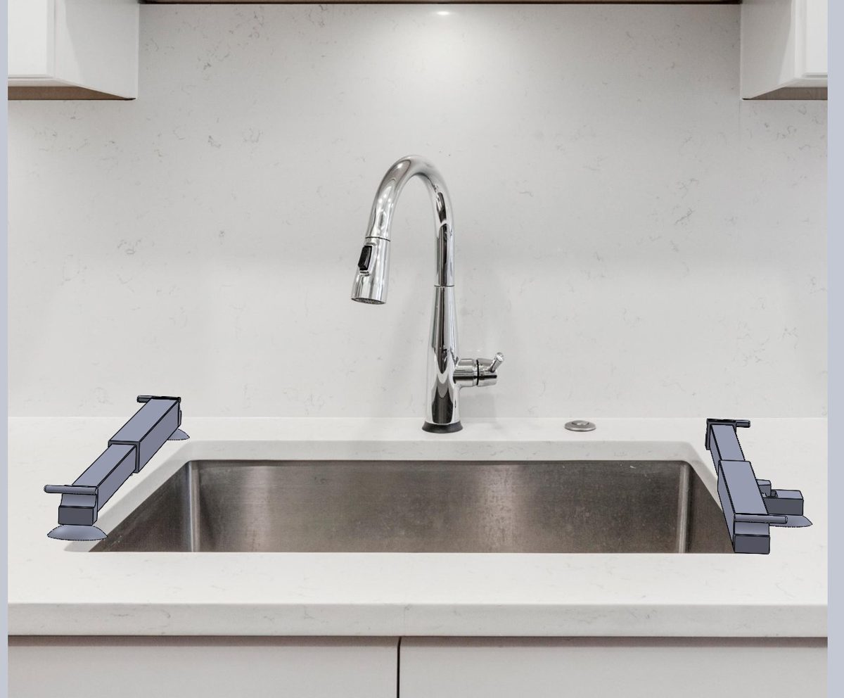 CAD model of the waste rack mounted on a real kitchen sink
