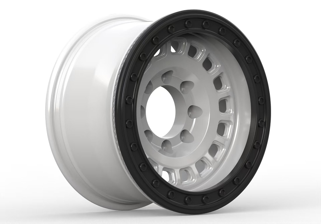 CAD render of the custom 8-lug forged beadlock wheel, three-quarter view